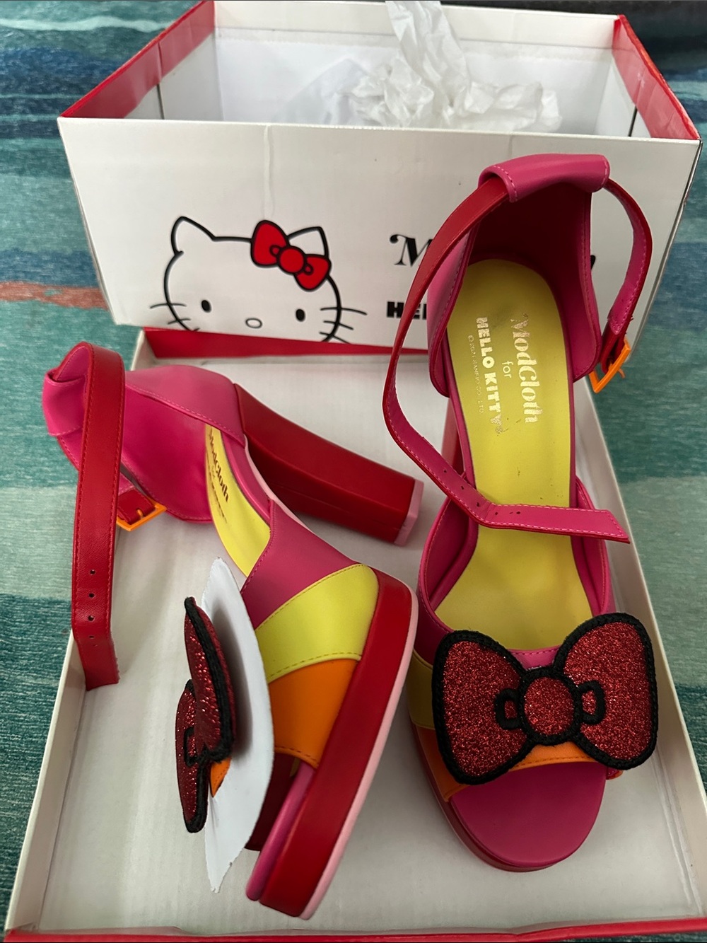 ModCloth Hot Pink, Yellow & Orange Hello Kitty Bow Platform Sandals